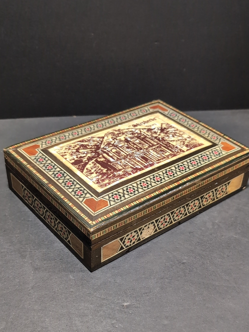 Shephards Tours,Wooden Souvenir Lidded Box Features Geometric Mosaic Design.